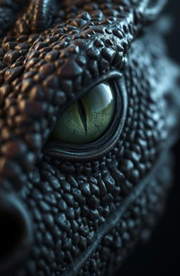 A close-up of the angry eye of a dragon, featuring a prominent line in the middle of its eye