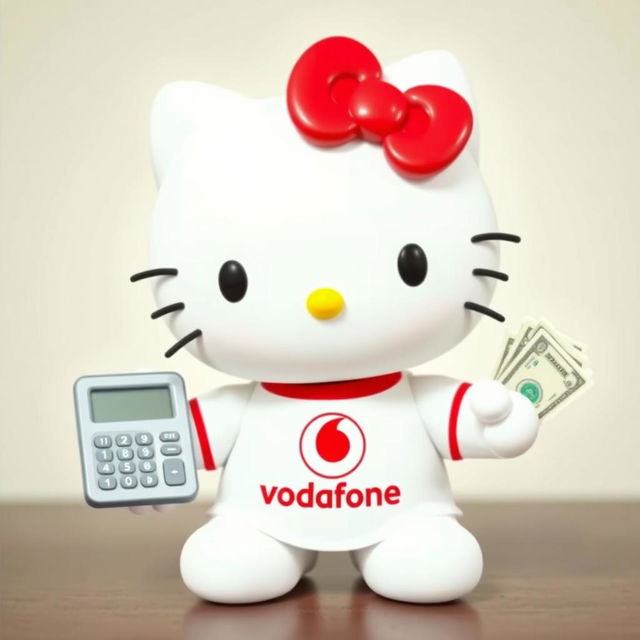 Hello Kitty wearing an adorable t-shirt featuring the Vodafone logo