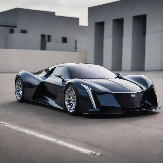 Visualize a blend of a classic Cadillac's luxury style with the aggressive, high-performance aesthetics of a Devel Sixteen, forming an enthralling luxury supercar