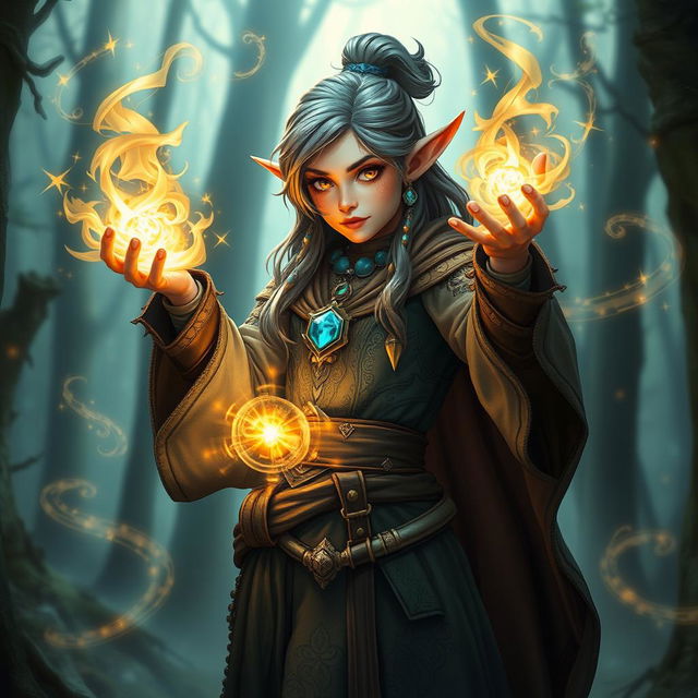 A lightfoot halfling woman depicted as a powerful sorcerer in a fantasy epic setting