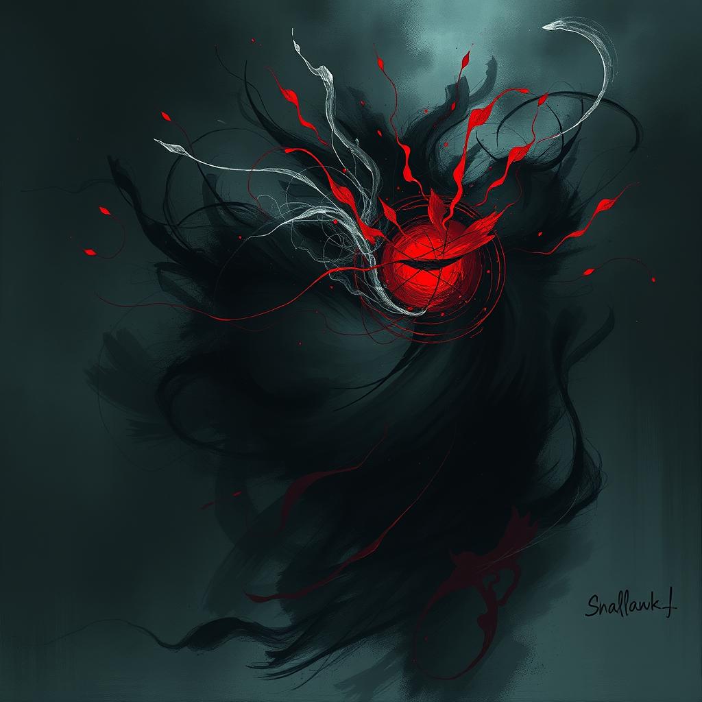 Abstract concept of sexual immorality depicted through swirling dark hues and chaotic lines, symbolizing confusion and moral conflict, with a hint of vibrant red to signify desire