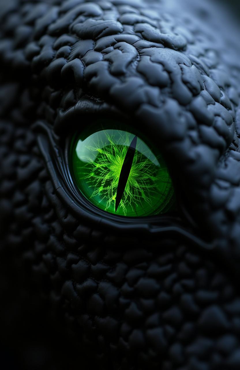 A close-up image of a dragon's eye with a striking, dark exterior and a thin line running down the center