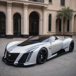 Visualize a blend of a classic Cadillac's luxury style with the aggressive, high-performance aesthetics of a Devel Sixteen, forming an enthralling luxury supercar