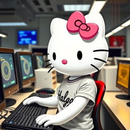 Hello Kitty wearing a stylish Malaga t-shirt, immersed in her work at a PC laboratory