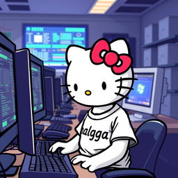 Hello Kitty wearing a stylish Malaga t-shirt, immersed in her work at a PC laboratory