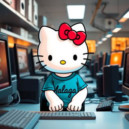 Hello Kitty wearing a stylish Malaga t-shirt, immersed in her work at a PC laboratory