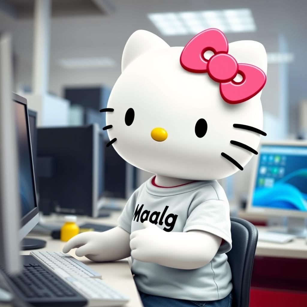 Hello Kitty wearing a stylish Malaga t-shirt, immersed in her work at a PC laboratory