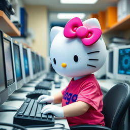 Hello Kitty wearing a vibrant Malaga t-shirt, diligently working in a PC laboratory