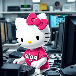 Hello Kitty wearing a vibrant Malaga t-shirt, diligently working in a PC laboratory