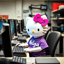 Hello Kitty wearing a vibrant Malaga t-shirt, diligently working in a PC laboratory