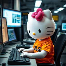 Hello Kitty wearing a vibrant Malaga t-shirt, diligently working in a PC laboratory