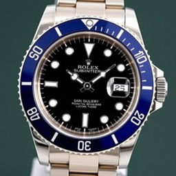 Rolex Submariner watch with a distinctive black dial and a dark blue bezel