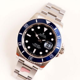 Rolex Submariner watch with a distinctive black dial and a dark blue bezel