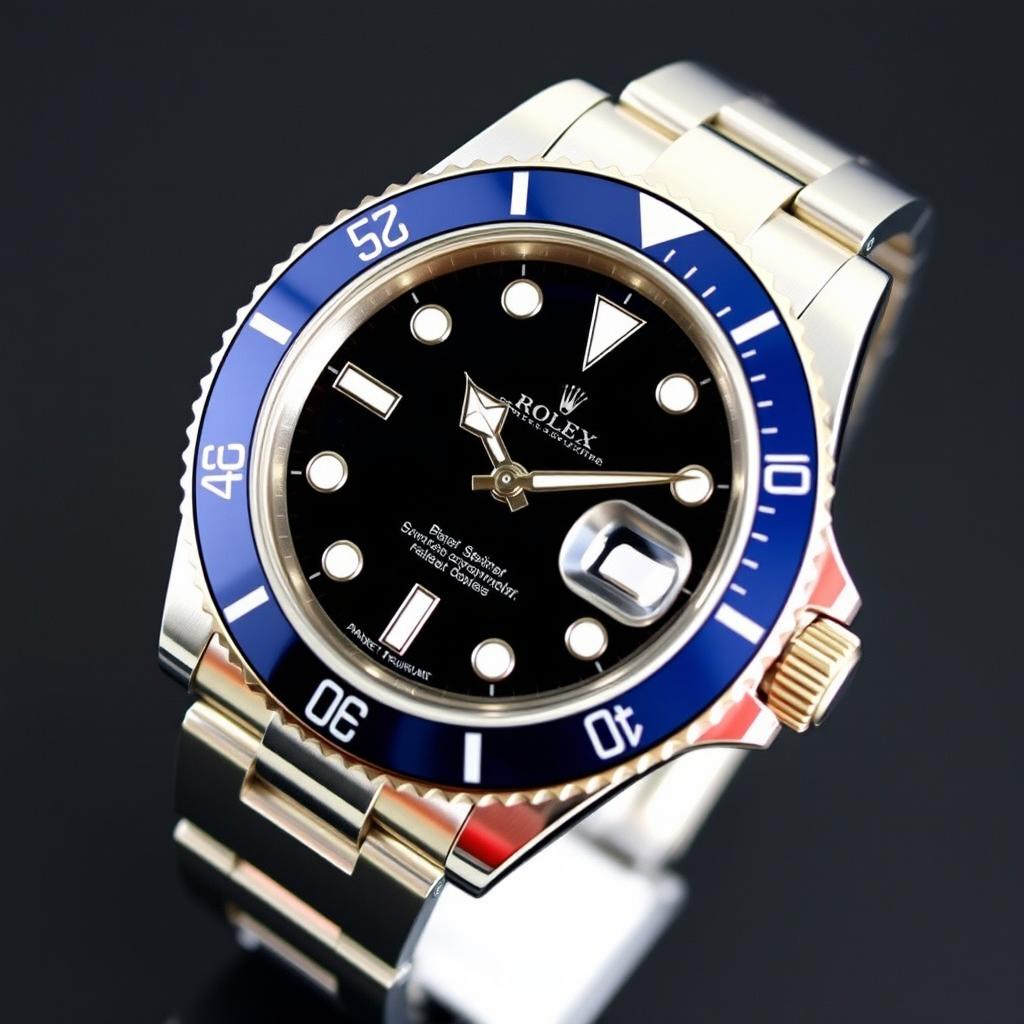 Rolex Submariner watch with a distinctive black dial and a dark blue bezel