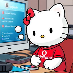 Hello Kitty wearing a red Vodafone t-shirt, thoughtfully considering a software upgrade