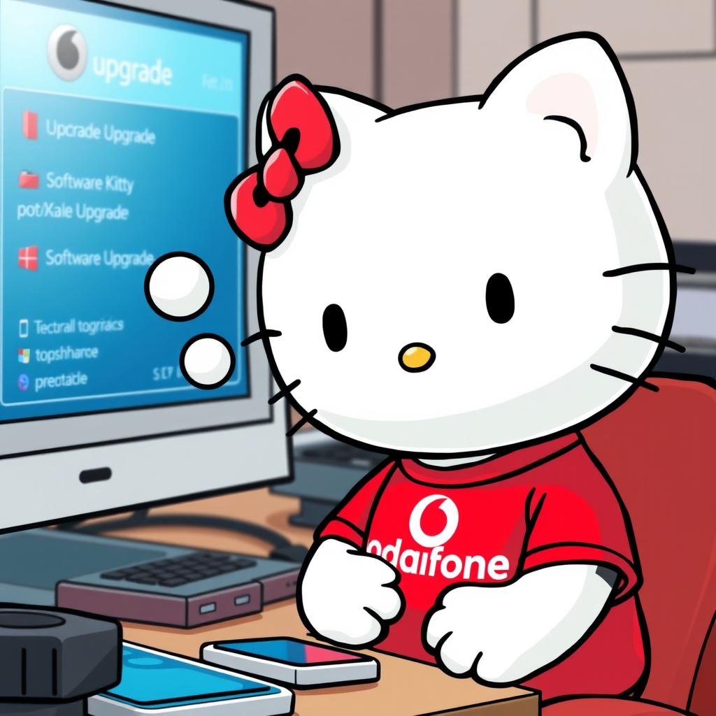 Hello Kitty wearing a red Vodafone t-shirt, thoughtfully considering a software upgrade