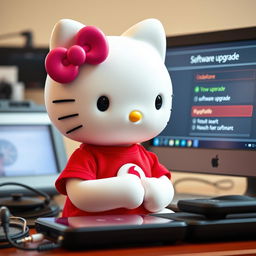 Hello Kitty wearing a red Vodafone t-shirt, thoughtfully considering a software upgrade