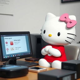 Hello Kitty wearing a red Vodafone t-shirt, thoughtfully considering a software upgrade