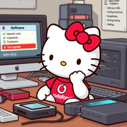 Hello Kitty wearing a red Vodafone t-shirt, thoughtfully considering a software upgrade