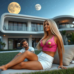 A tall, sexy 45-year-old Brazilian woman with long, straight blonde hair, striking features, and a voluptuous body including 42DD bust, portrays confidence while reclining in the garden outside a three-story futuristic house