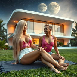 A tall, sexy 45-year-old Brazilian woman with long, straight blonde hair, striking features, and a voluptuous body including 42DD bust, portrays confidence while reclining in the garden outside a three-story futuristic house