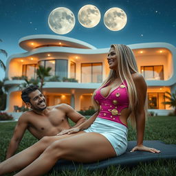 A tall, sexy 45-year-old Brazilian woman with long, straight blonde hair, striking features, and a voluptuous body including 42DD bust, portrays confidence while reclining in the garden outside a three-story futuristic house