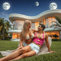 A tall, sexy 45-year-old Brazilian woman with long, straight blond hair and a robust 42DD bust, gracefully reclines in the garden of a three-story futuristic house