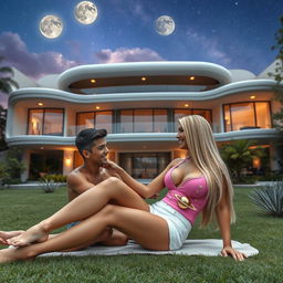 A tall, sexy 45-year-old Brazilian woman with long, straight blond hair and a robust 42DD bust, gracefully reclines in the garden of a three-story futuristic house