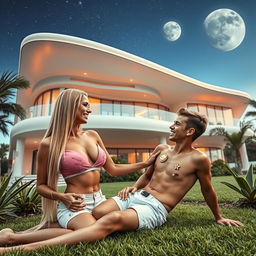 A tall, sexy 45-year-old Brazilian woman with long, straight blond hair and a robust 42DD bust, gracefully reclines in the garden of a three-story futuristic house