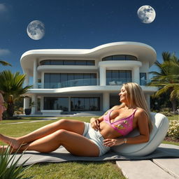 A tall, sexy 45-year-old Brazilian woman with long, straight blond hair and a robust 42DD bust, gracefully reclines in the garden of a three-story futuristic house