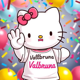 Hello Kitty wearing a stylish t-shirt with the text "Valbruna" on it, making an 'OK' gesture with one hand while joyously celebrating with the other