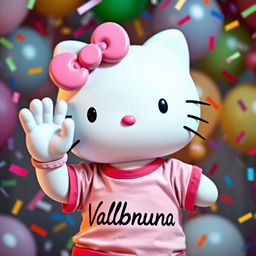 Hello Kitty wearing a stylish t-shirt with the text "Valbruna" on it, making an 'OK' gesture with one hand while joyously celebrating with the other