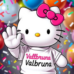 Hello Kitty wearing a stylish t-shirt with the text "Valbruna" on it, making an 'OK' gesture with one hand while joyously celebrating with the other