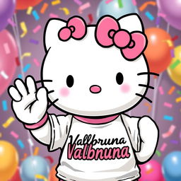 Hello Kitty wearing a stylish t-shirt with the text "Valbruna" on it, making an 'OK' gesture with one hand while joyously celebrating with the other