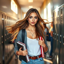 A confident and stylish teenage girl in a school hallway, exuding charisma and charm