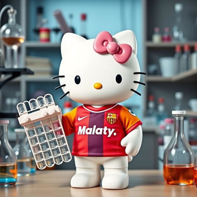 Hello Kitty proudly wearing a Malaga football shirt, holding a laboratory rack in her hand