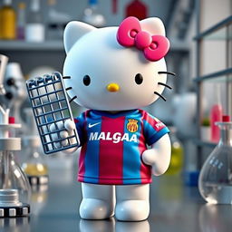 Hello Kitty proudly wearing a Malaga football shirt, holding a laboratory rack in her hand