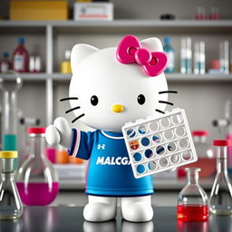 Hello Kitty proudly wearing a Malaga football shirt, holding a laboratory rack in her hand