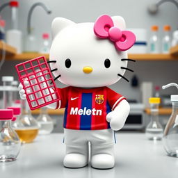 Hello Kitty proudly wearing a Malaga football shirt, holding a laboratory rack in her hand