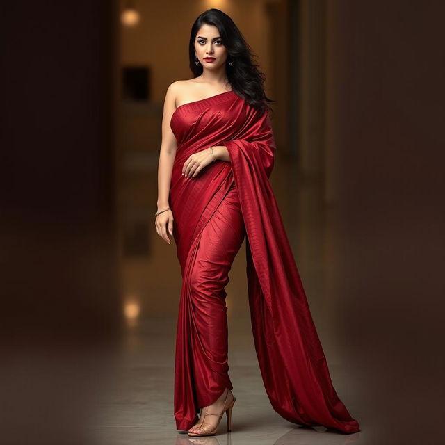 A woman with an alluring figure, dressed in an elegant saree and high heels