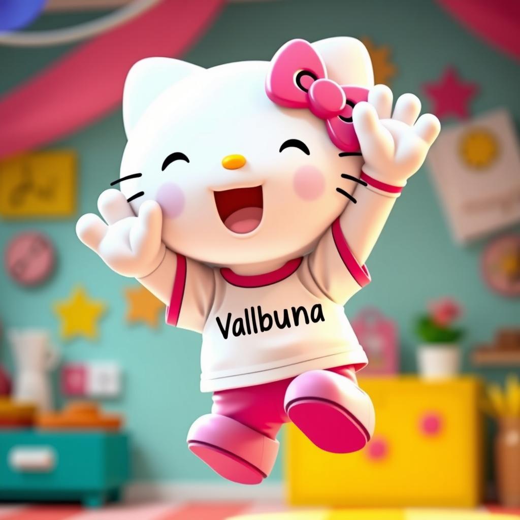 Hello Kitty, ecstatically jumping in the air, wearing a t-shirt with the text "Valbruna" on it