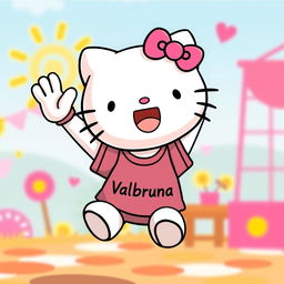 Hello Kitty, ecstatically jumping in the air, wearing a t-shirt with the text "Valbruna" on it