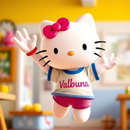 Hello Kitty, ecstatically jumping in the air, wearing a t-shirt with the text "Valbruna" on it