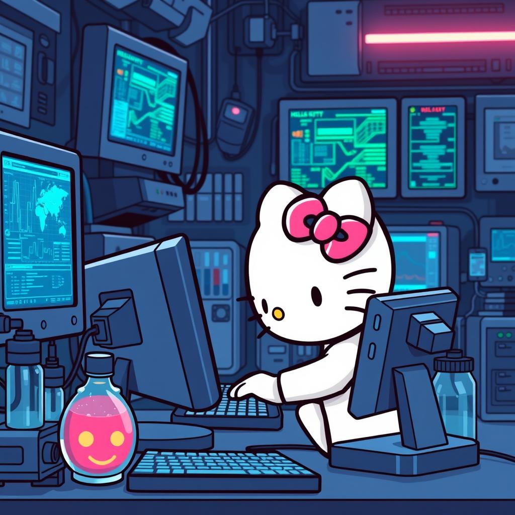 Hello Kitty deeply focused and working diligently on a PC in a high-tech laboratory setting