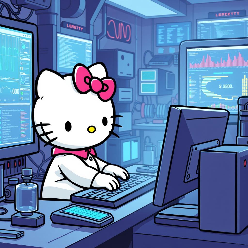 Hello Kitty deeply focused and working diligently on a PC in a high-tech laboratory setting