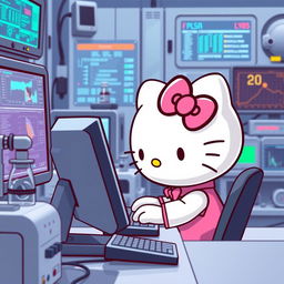 Hello Kitty deeply focused and working diligently on a PC in a high-tech laboratory setting