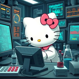 Hello Kitty deeply focused and working diligently on a PC in a high-tech laboratory setting