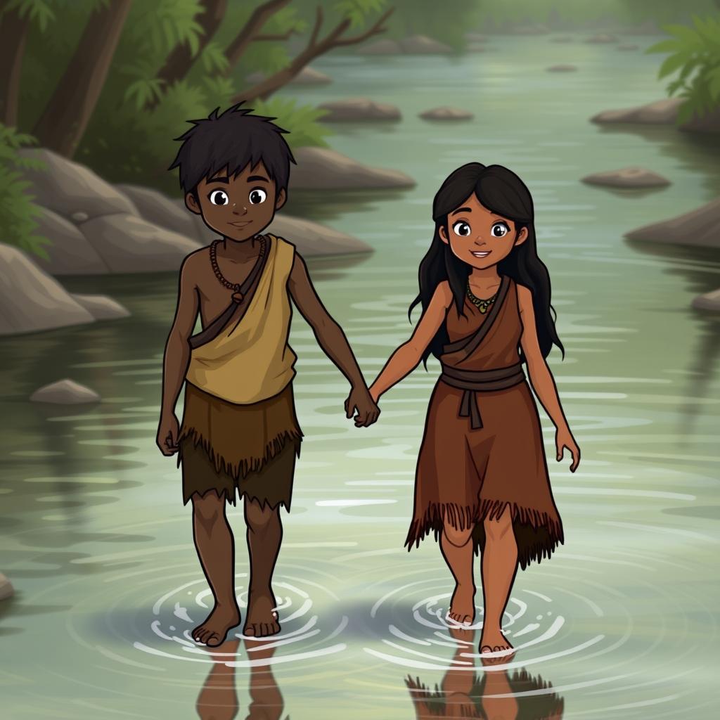 A prehistoric boy and girl walking hand in hand through a river, with water up to their ankles