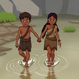 A prehistoric boy and girl walking hand in hand through a river, with water up to their ankles