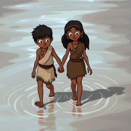 A prehistoric boy and girl walking hand in hand through a river, with water up to their ankles